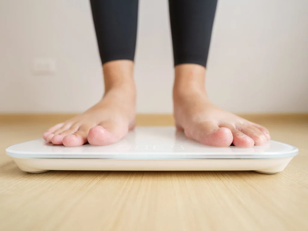 Person checking body weight as part of thyroid health assessment
